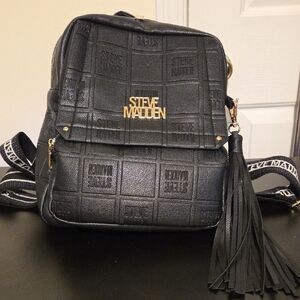 Steve Madden Black Embossed Logo Mini Backpack with Tassel